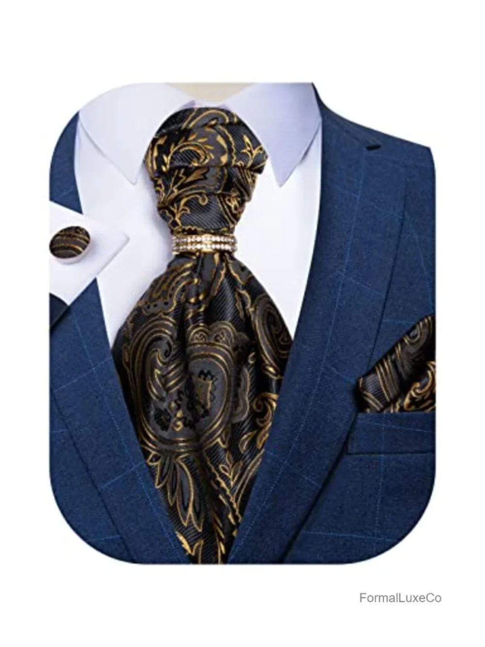 Men's Silk Woven Ascot Cravat Set with Pocket Square Cufflinks Tie Ring 4 Piece